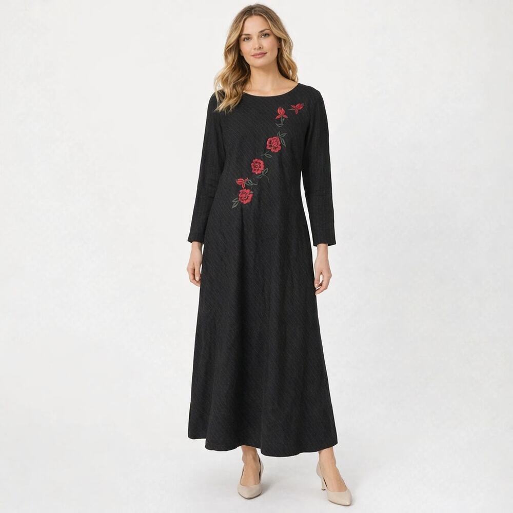 Donna Morgan Pinstriped Rose Embroidered Dress Size 10 Scoop Neck